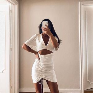 CUT OUT STRETCHY LINEN BLEND DRESS